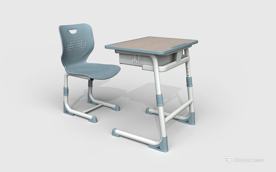 Student Desk And Chair Set With Blue Chair Light Wood Top And Metal Frame 3d model 