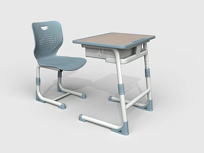 Student Desk And Chair Set With Blue Chair Light Wood Top And Metal Frame 3d model
