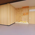 Art Installation Featuring Wooden Wall Chinese Characters Orange 3D Design And Mountain Shaped Decor