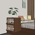 Brown Bed Bench With Orange White Pillows And Teddy Bear Near Magazine Rack Green Plant