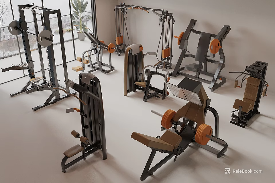 Sports Equipment Strength Training Machines Dumbbells Barbells With Metal Frames Orange Plates In Bright Gym 3d model 