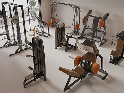 Sports Equipment Strength Training Machines Dumbbells Barbells With Metal Frames Orange Plates In Bright Gym 3d model