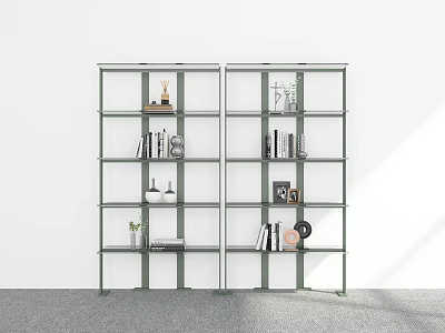 Stylish Green Metal Frame Open Bookshelf With Books Vases And Decorations 3d model