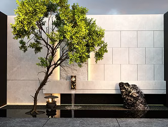 New Chinese style courtyard landscape wall landscape background wall modeling tree flowing water landscape wall 3d model