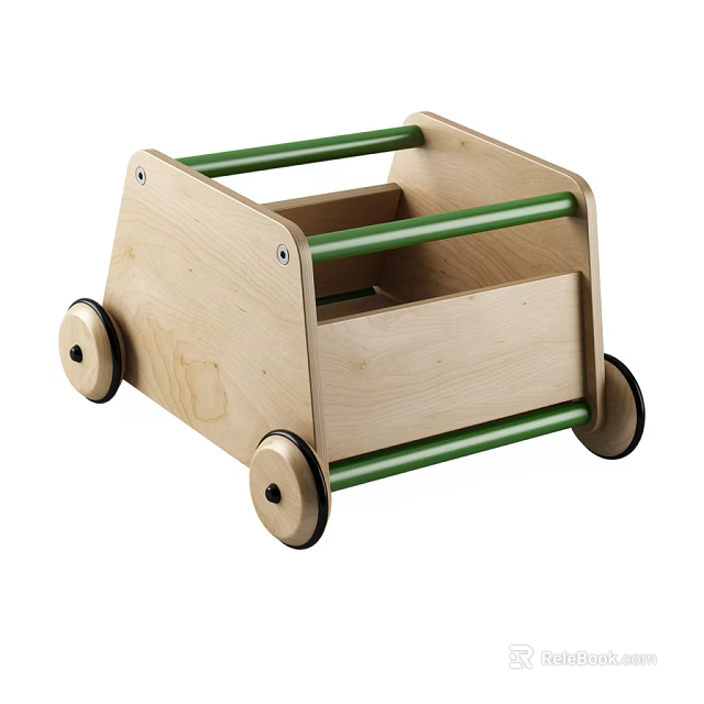 Electric Toy Wooden Push Cart with Green Poles and Wheels for Children Playtime Fun 3d model 
