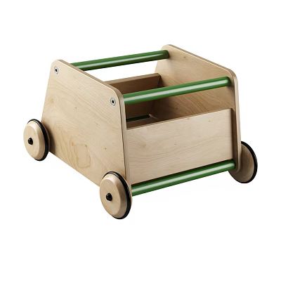 Electric Toy Wooden Push Cart with Green Poles and Wheels for Children Playtime Fun 3d model