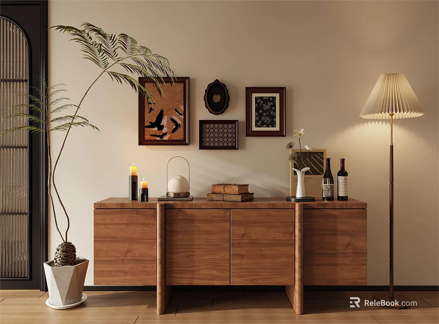 Modern Interior Wooden Cabinet Shelf With Palm Plant Wall Art Floor Lamp And Decorative Items 3d model 