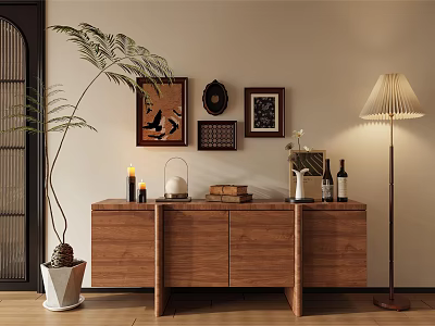 Modern Interior Wooden Cabinet Shelf With Palm Plant Wall Art Floor Lamp And Decorative Items 3d model