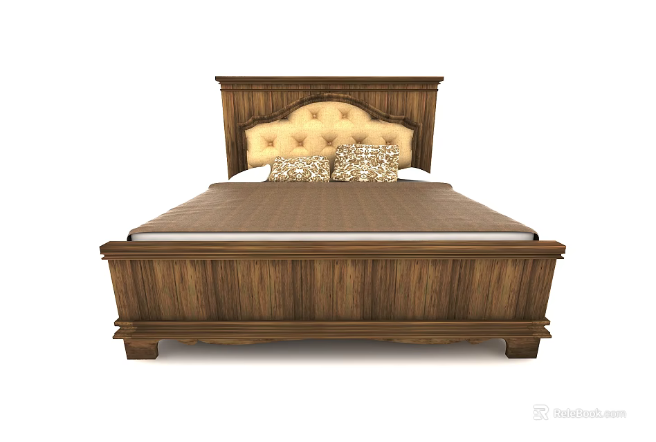 Classic Wooden Double Bed with Upholstered Button Tufted Headboard and Solid Frame 3d model 