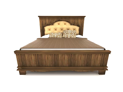 Classic Wooden Double Bed with Upholstered Button Tufted Headboard and Solid Frame 3d model
