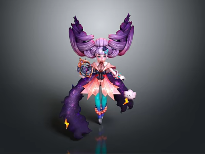 Game Movie Character With Purple Hair Pink Blue Outfit Holding Prop And Yellow Star Decorations 3d model