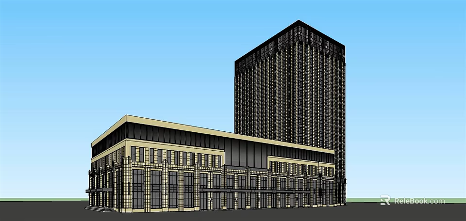Hotel Building with Modern High Rise Tower and Classical Low Rise Beige Black Exterior 3d model 