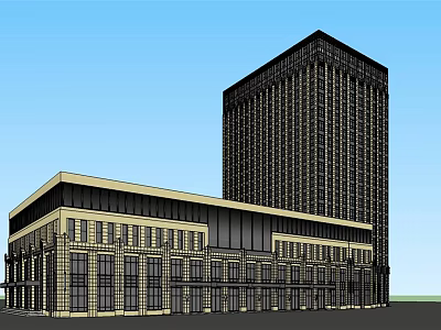 Hotel Building with Modern High Rise Tower and Classical Low Rise Beige Black Exterior 3d model