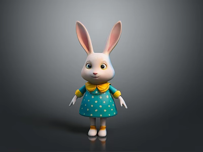 Cute Cartoon Rabbit Character With Long Ears Blue Polka Dot Dress Yellow Collar And Shoes 3d model