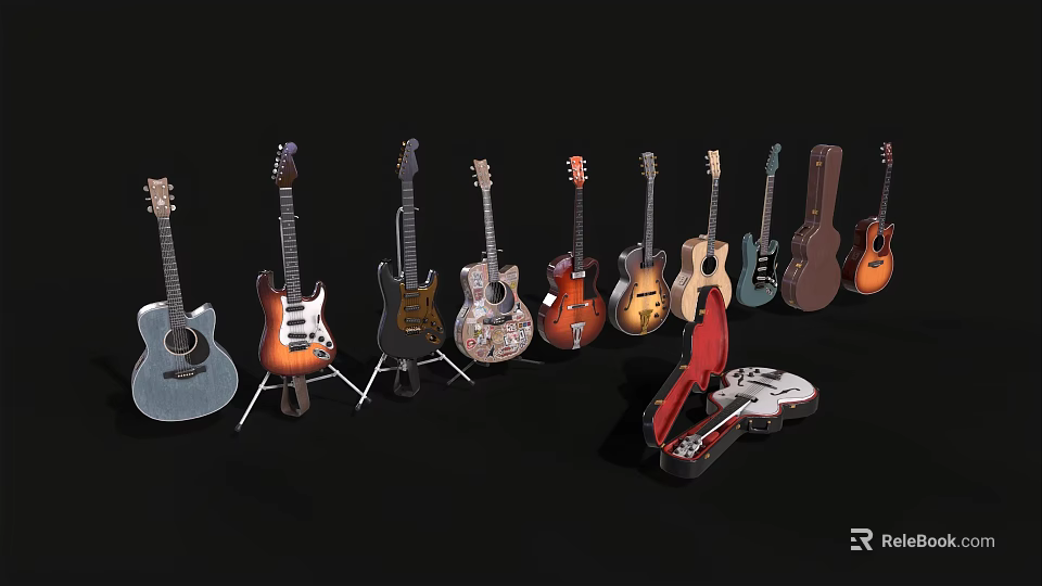 Collection of Musical Instruments and Art Supplies with Diverse Guitars and Red Art Tools 3d model 