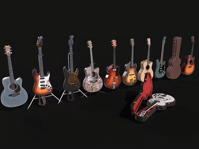 Collection of Musical Instruments and Art Supplies with Diverse Guitars and Red Art Tools 3d model