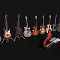 Collection of Musical Instruments and Art Supplies with Diverse Guitars and Red Art Tools