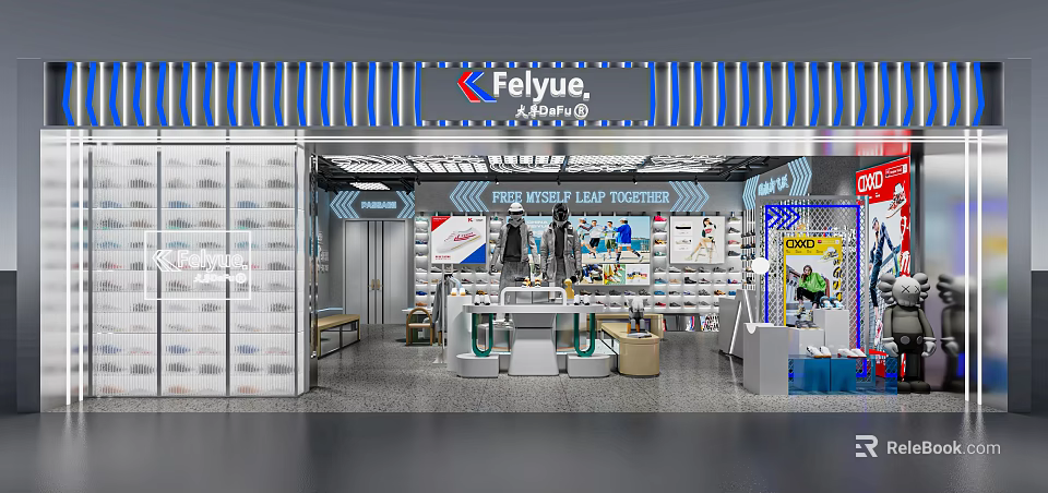 Modern Felyue Sports Clothing Store Interior With Clothing Displays Shelves And Tables 3d model 
