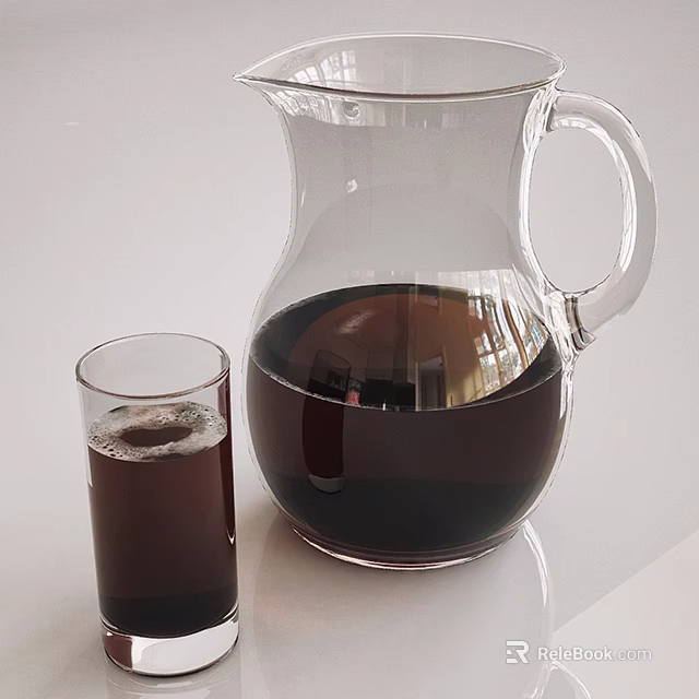 Clear Glass Pitcher with Dark Beverage and Small Glass Cup on White Table 3d model 