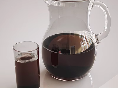 Clear Glass Pitcher with Dark Beverage and Small Glass Cup on White Table 3d model