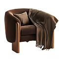 Brown Velvet Armchair with Wooden Legs Pillow and Fringe Blanket