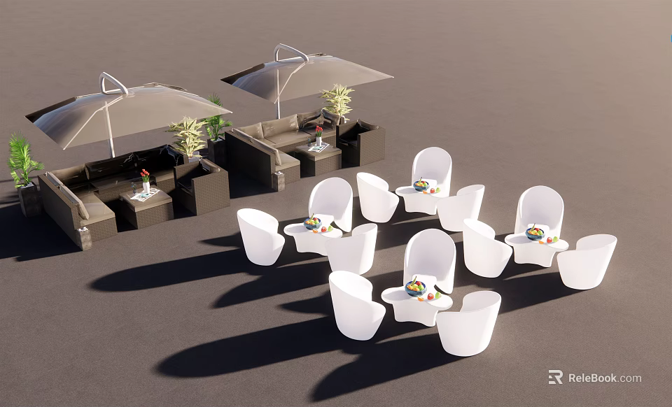 Outdoor Sofa Set With White Chairs Tables Umbrellas And Green Plants In Patio 3d model 