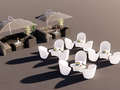 Outdoor Sofa Set With White Chairs Tables Umbrellas And Green Plants In Patio 3d model