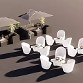 Outdoor Sofa Set With White Chairs Tables Umbrellas And Green Plants In Patio
