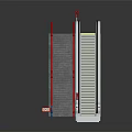 Modern Escalator Structure Design With Metal Steps Red Blue Handrails Concrete Side Walls And Platform