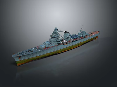 Large Gray Warship With Multiple Decks Turrets And Greenish Brown Bottom 3d model