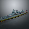 Large Gray Warship With Multiple Decks Turrets And Greenish Brown Bottom