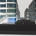 Modern Building Entrance Gate With Glass Door Steps And Trees Around Parking Area