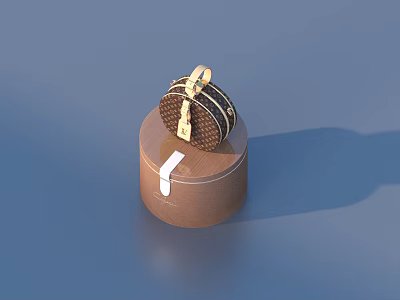 Elegant Brown Box With Gold Lock And Woven Texture On Cylindrical Stand 3d model