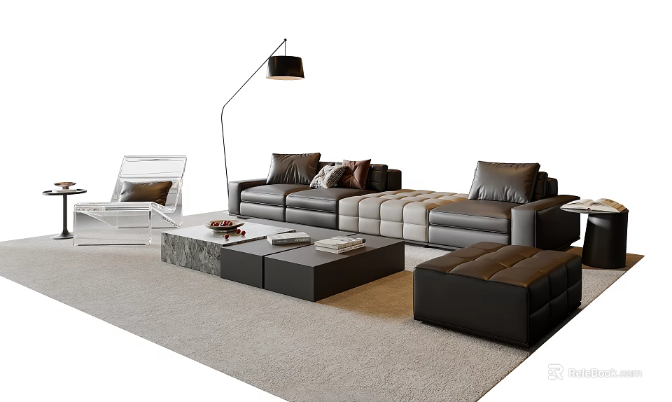 Modern Leather Sofa And Coffee Table Set With Floor Lamp Transparent Chair And Rug 3d model 