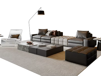 Modern Leather Sofa And Coffee Table Set With Floor Lamp Transparent Chair And Rug 3d model
