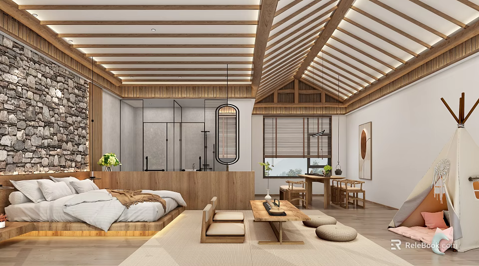 Traditional Chinese Style Hotel Guest Room Interior With Wooden Ceiling Tatami Bed And Coffee Table 3d model 