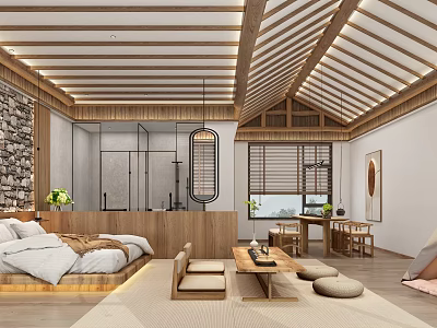 Traditional Chinese Style Hotel Guest Room Interior With Wooden Ceiling Tatami Bed And Coffee Table 3d model