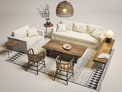 Warm Natural Linen Sofa And Solid Wood Coffee Table Set For Cozy Living Room Decor 3d model