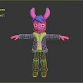 Cartoon Creature With Pink And Blue Ears Purple Coat Brown Pants Red Shoes Arms Outstretched