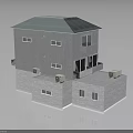 Two Story Gray House Building With Light Blue Roof Multiple Windows And Brick Base