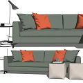 Green Multi Person Sofa With Orange Cushions Side Table And Stools 3d model
