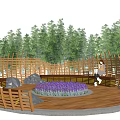 Outdoor Relaxing Chairs In Circular Wooden Setting With Lavender Patch Bamboo Forest Background And Rocks