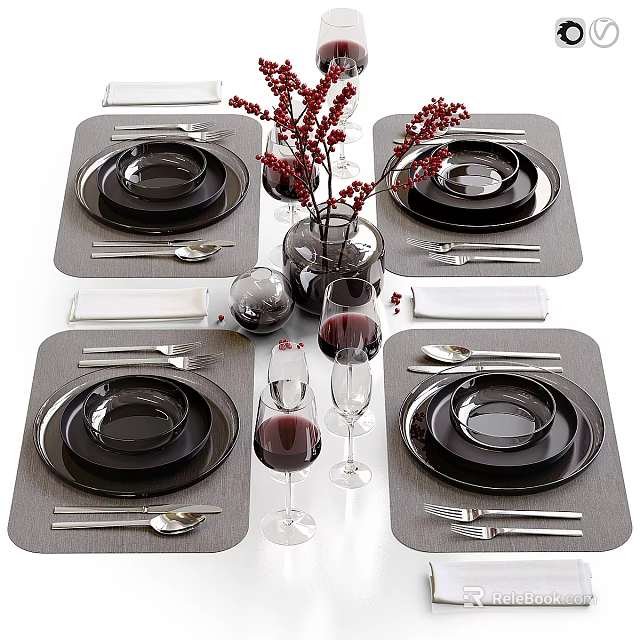 Elegant Dinnerware Set With Black Plates Bowls Placemats Wine Glasses And Utensils 3d model 