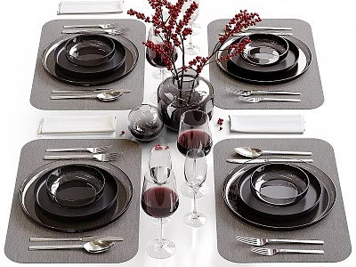 Elegant Dinnerware Set With Black Plates Bowls Placemats Wine Glasses And Utensils 3d model
