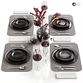 Elegant Dinnerware Set With Black Plates Bowls Placemats Wine Glasses And Utensils