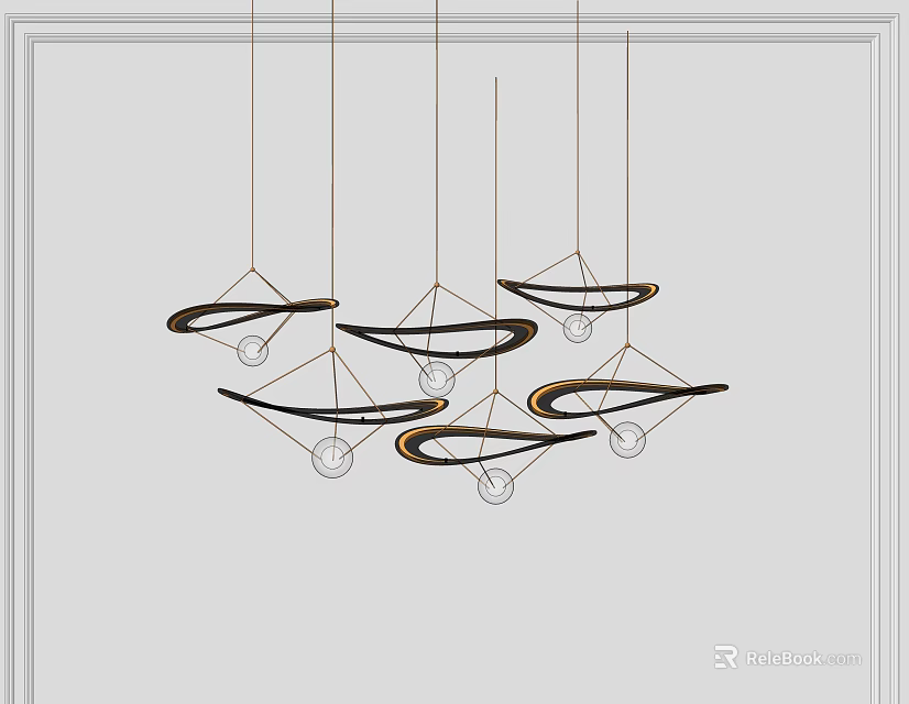 Sleek Modern Chandelier Featuring Curved Black Metal Rings With Gold Accents Hanging 3d model 
