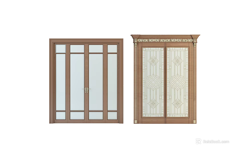Elegant Wooden Double Doors With Glass Panels And Decorative Frame Design 3d model 
