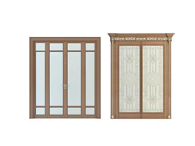Elegant Wooden Double Doors With Glass Panels And Decorative Frame Design 3d model