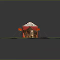Ancient Style Tent With Red Curtains Decorated Top and Flags in Grass Field