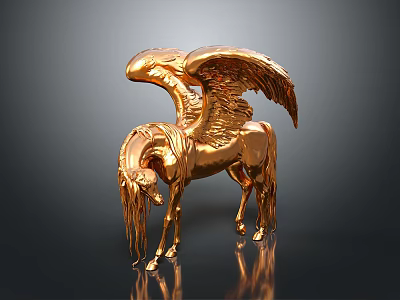 Golden Winged Horse Statue With Shiny Metallic Finish And Detailed Wings 3d model